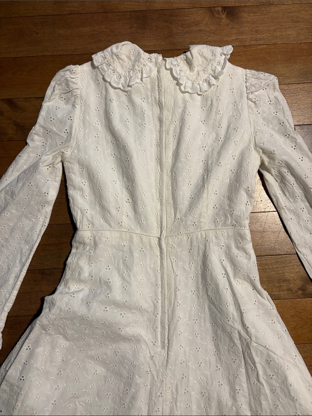 Vintage White Eyelet Maxi Dress with Red Floral Buttons and Ruffle Collar - Picture 10 of 13